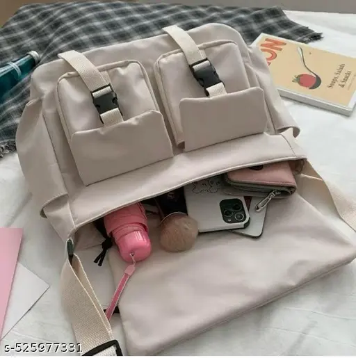 Cute Korean Style Aesthetic White Crossbody Sling Bag, Korean Canvas Bag Large Capacity Bag Multi-functional Bag One Shoulder Crossbody Tution Bag, Study Bag (WHITE)(THE DAYYOU GO AWAY) - Detail View