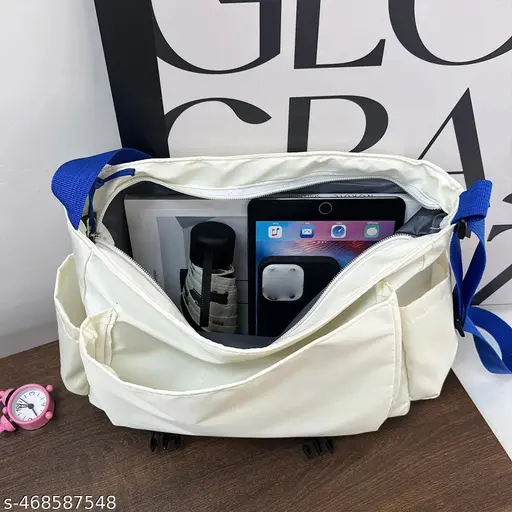 Cute Korean Style Aesthetic White Crossbody Sling Bag, Korean Canvas Bag Large Capacity Bag Multi-functional Bag One Shoulder Crossbody Tution Bag, Study Bag (WHITE)(DUO NING) - Alternate View